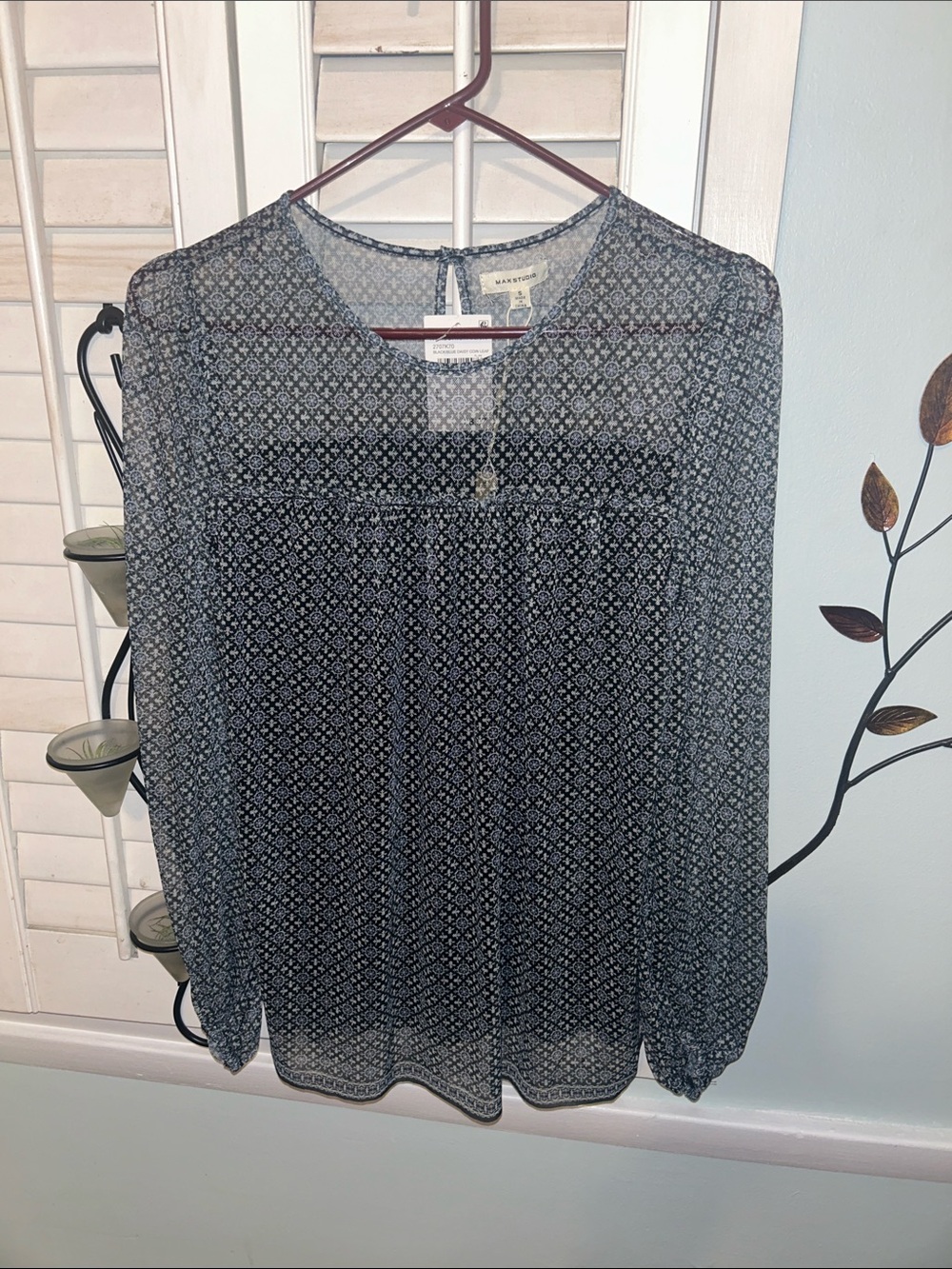 Max Studio Navy Printed Sheer Long-Sleeve Blouse